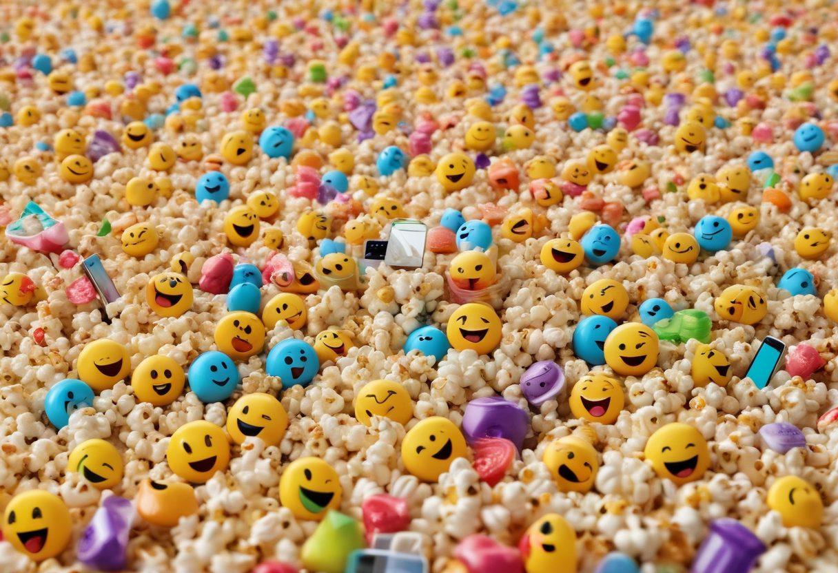 A whimsical collage of funny clip moments featuring a laughing audience, colorful emojis, and playful cartoon characters. Include a smartphone showing a trending video, surrounded by popcorn and cups of soda. The background should be vibrant and lively, conveying a sense of joy and humor. The overall theme should be light-hearted and engaging. cartoon style. vibrant colors. white background.