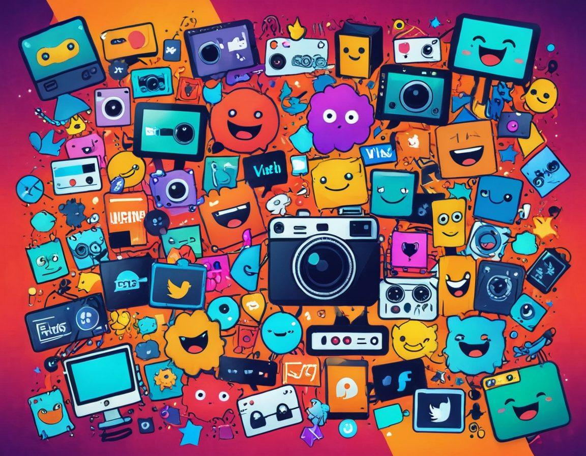 A dynamic collage featuring iconic viral video moments, playful meme characters, and eye-catching animations bursting with energy. Include vibrant social media icons and a stylized film reel effect flowing through the scene. The background should exhibit a gradient of bright colors to enhance excitement and creativity. super-realistic. vibrant colors. playful illustration.